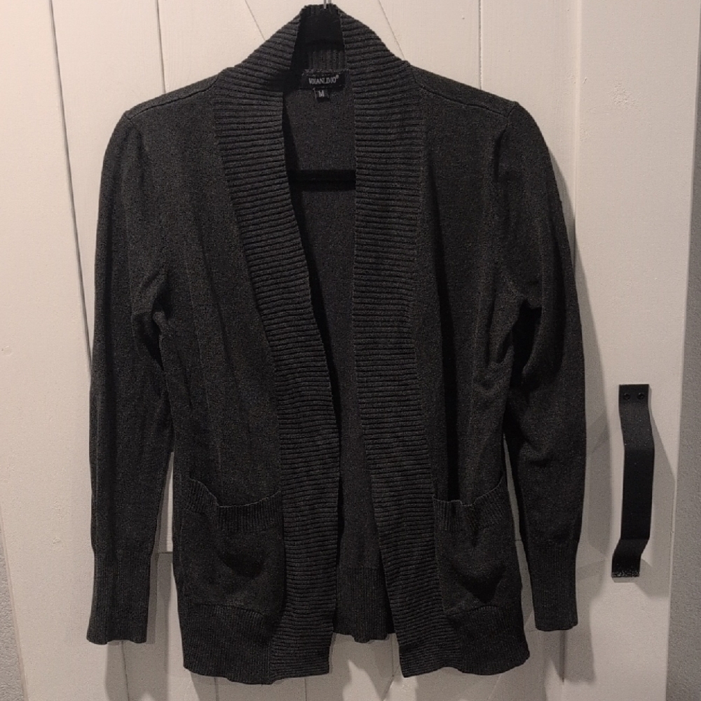 Voianlimo Classic Charcoal Knit Open Front Long Sleeve Cardigan Sweater, Sz Med